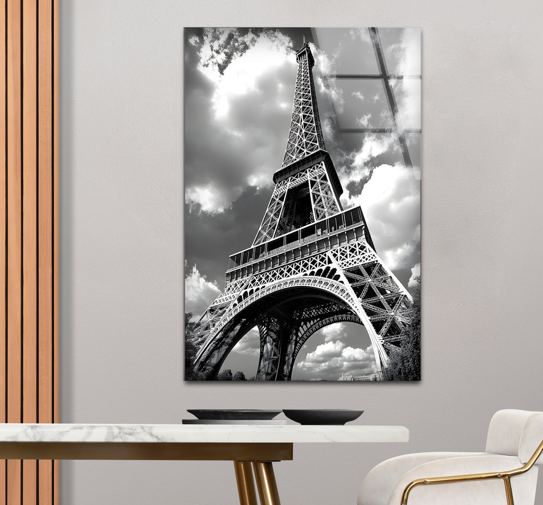 Sophisticated black and white framed art capturing the iconic beauty of the Eiffel Tower from a unique angle
