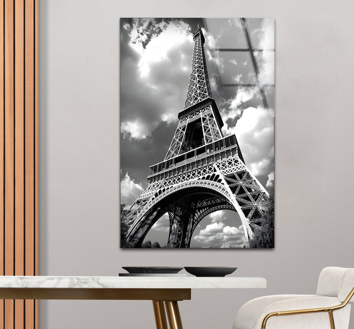 Sophisticated black and white framed art capturing the iconic beauty of the Eiffel Tower from a unique angle
