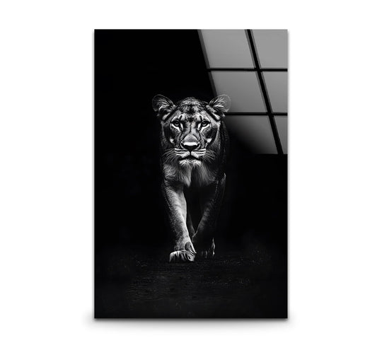 A fierce lion portrait on glass wall art, with a layered effect creating depth and shadow in the black and white design, is among the best glass art.