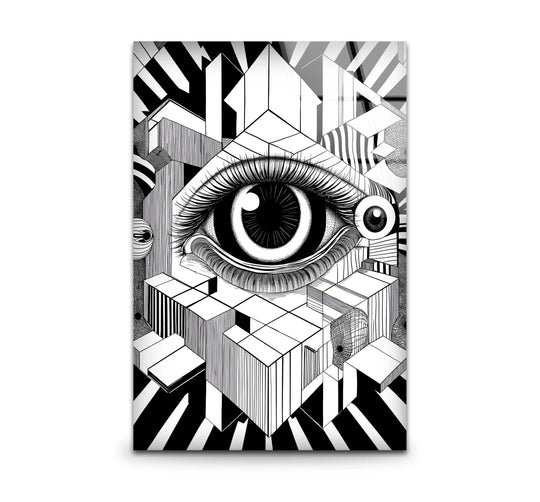 Intricately detailed black and white abstract eye art on glass printing creates a stunning visual illusion.