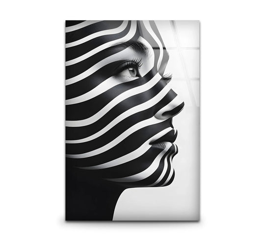 Black and white abstract woman silhouette glass wall art with cool, neutral color temperature, perfect for home decoration.