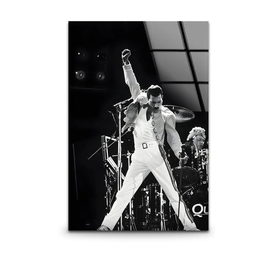 Freddie Mercury's dynamic pose and the stage lights create a striking visual rhythm in this black and white art from glass.