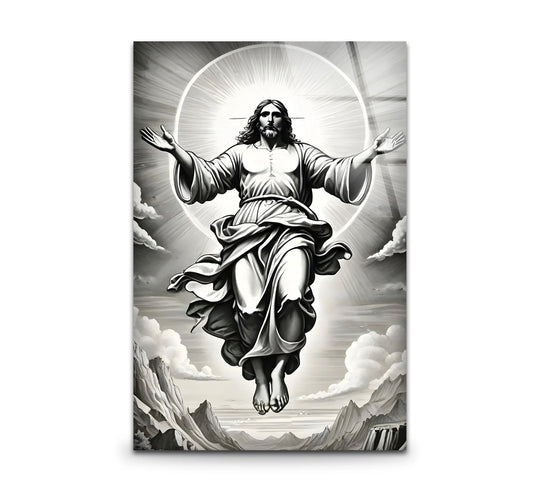 Religion glass wall art black and white and jesucristo ascension art a black and white painting printed on tempered glass
