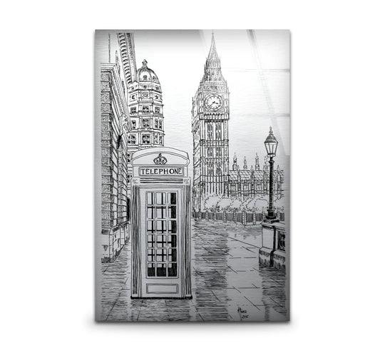 Lines of the London drawing create a sense of motion through the city scene in this glass art painting, enhanced by reflective details on tempered glass.