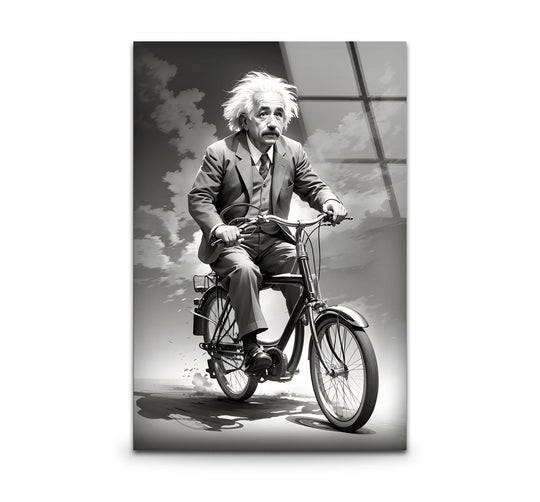 Black & white Albert Einstein on a bicycle is the loudest element in this glass wall art home decoration.