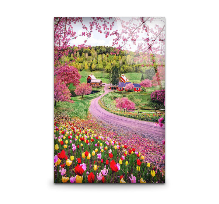 Frühlingswiese Glaswandkunst – Lebendige Blumen &amp; Landstraße