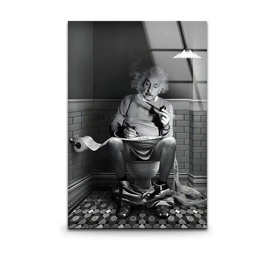 Black and white Albert Einstein glass wall art with prominent grey tones, featuring a unique home decor composition of intellect and humor.