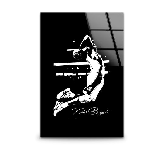 This glass wall art features a black and white Kobe Bryant silhouette and graphic design and it is a stunning black and white wall art piece perfect for sports enthusiasts