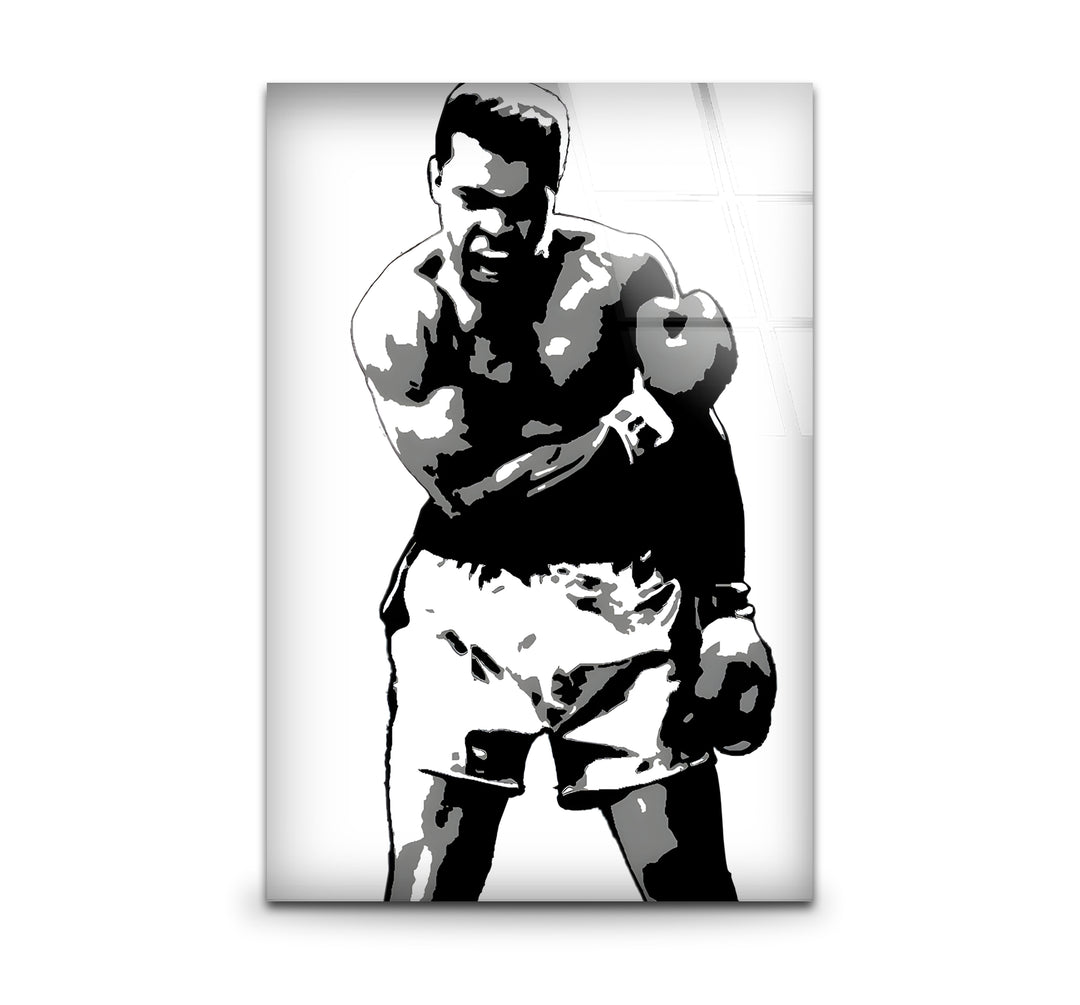 Black and white art featuring an iconic print of Muhammad Ali in a powerful pose
