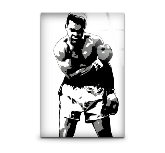 Black and white art featuring an iconic print of Muhammad Ali in a powerful pose
