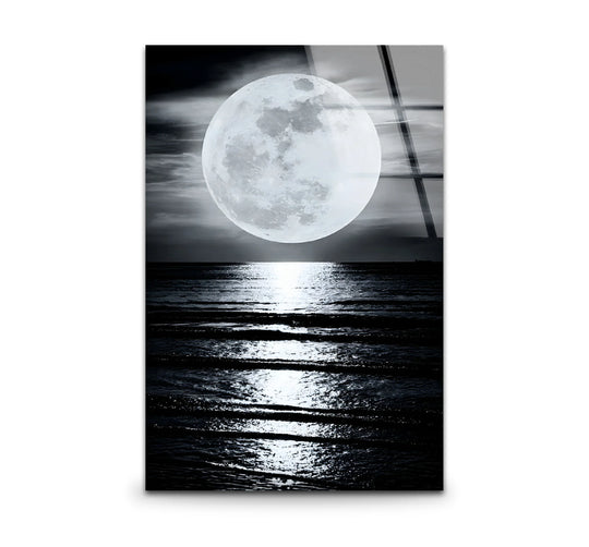 Muted color saturation enhances the dramatic monochromatic palette of the Black And White Moon Landscape glass wall art, a striking example of home decoration.