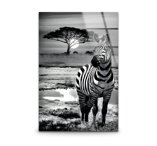 Vertical glass art painting of a zebra in the African savanna.
