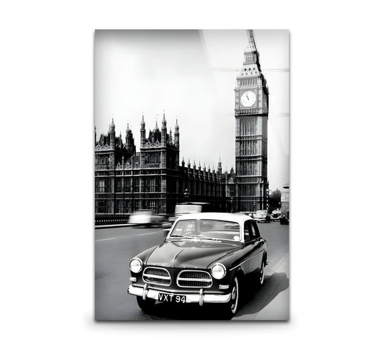 Reduced color saturation highlights the vintage Black & White Old London Street scene in this hanging wall art, giving the glass wall art piece a timeless and historic feel.