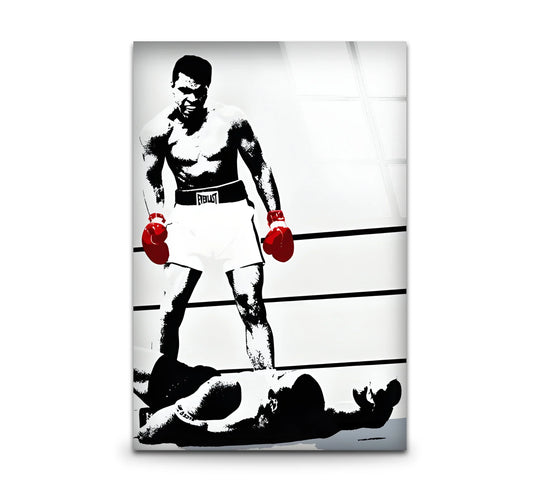 Striking black and white wall art featuring an iconic portrait of Muhammad Ali in bold detail.