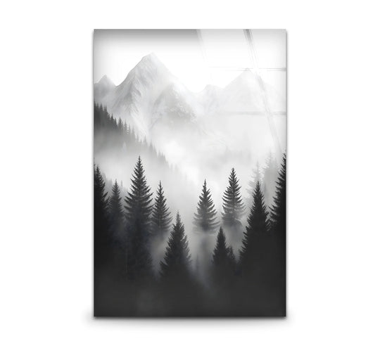 The central subject shows misty mountains and tall trees depicted in black and white, creating a striking hanging wall art piece.