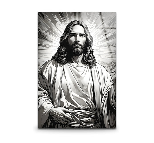 Religion Jesus Christ glass wall art in black and white tones showcasing radiance and stunning artwork plus faith decor