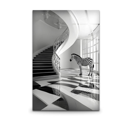 Sleek black and white zebra version glass wall artwork with a high-gloss, reflective surface texture.