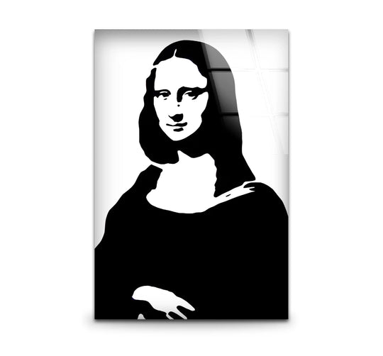 Monochromatic Mona Lisa on sleek art from glass showcasing a smooth, reflective surface.