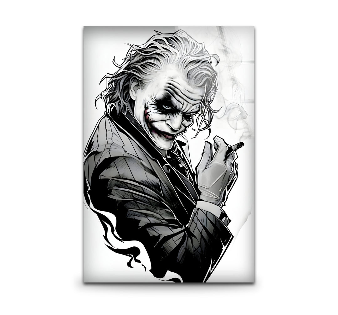 Bold black and white wall art featuring a dramatic Joker design with intricate details.