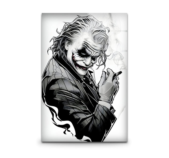 Bold black and white wall art featuring a dramatic Joker design with intricate details.