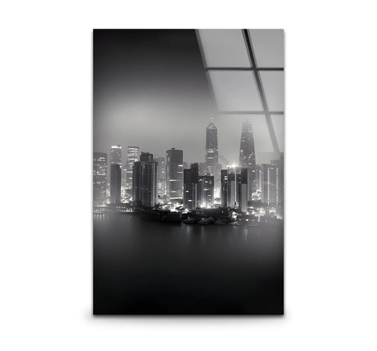 Highlighting the abstract quality, the black and white Shanghai skyline art transforms the photograph into stunning wall prints with its luminous architecture reflected in the water.