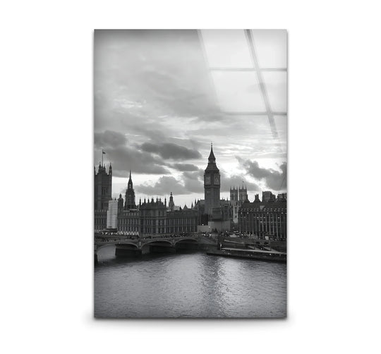 The stillness of the Thames reflects unique modern wall decor in this black and white London landscape glass wall art.