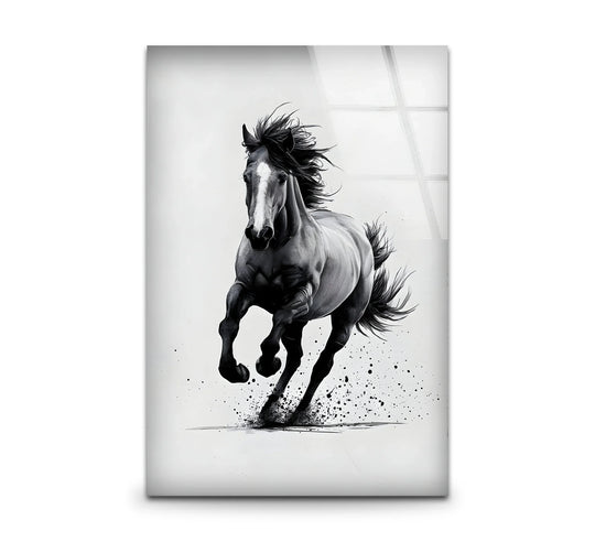 Animal glass wall art black and white running horse motif and a dynamic decor print with a fade proof UV print and galloping elegance