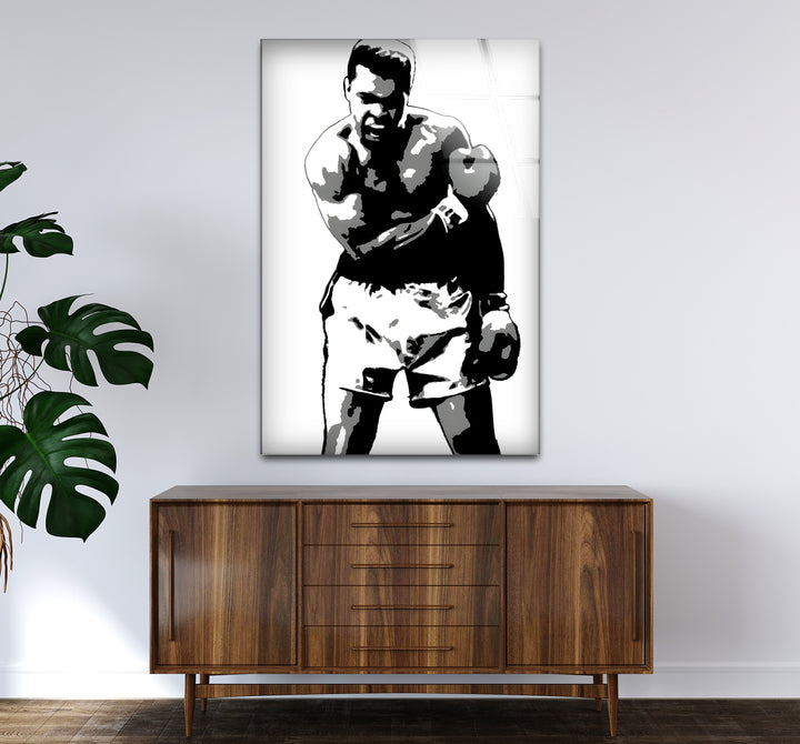 Captivating black and white wall decor featuring a classic image of Muhammad Ali in action
