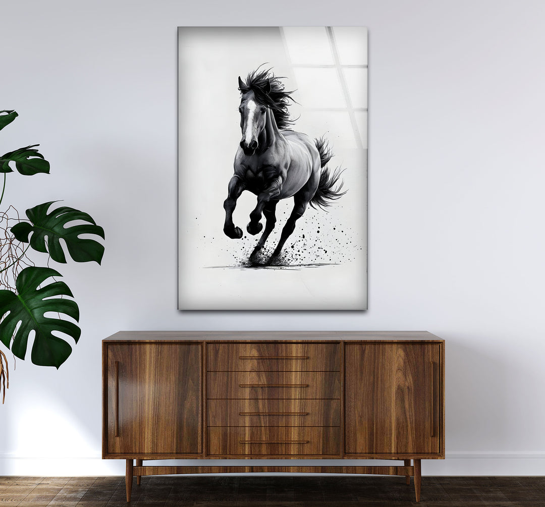 Modern black and white abstract art highlighting the energy and strength of a galloping horse.