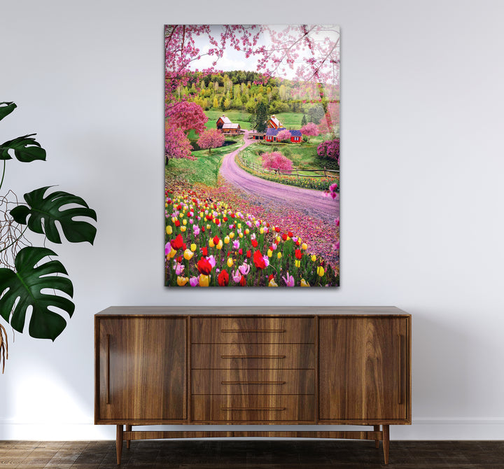 Frühlingswiese Glaswandkunst – Lebendige Blumen &amp; Landstraße