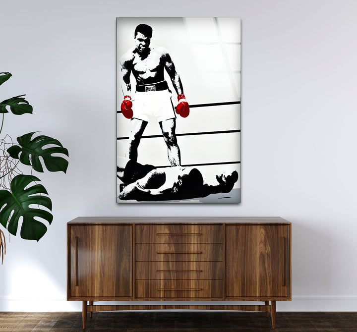 Sophisticated black and white wall decor showcasing Muhammad Ali in a dynamic pose.