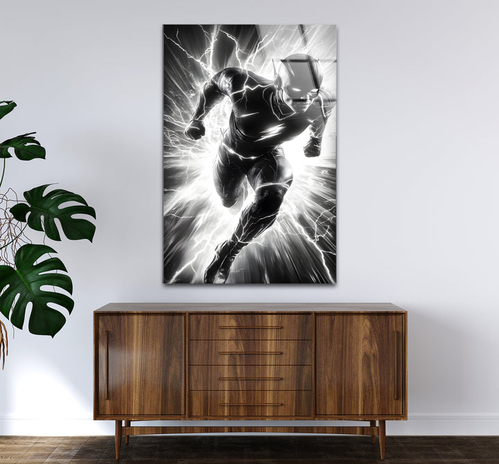Chic black and white wall art of Flash ideal for enhancing modern interiors with a heroic theme
