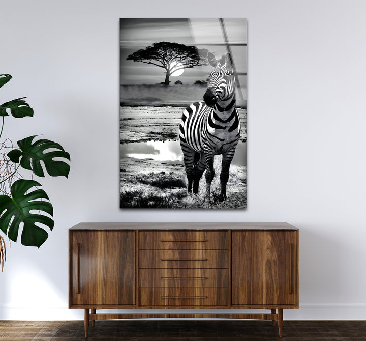 Captivating black and white wall decor featuring a close-up of zebra patterns in artistic detail
