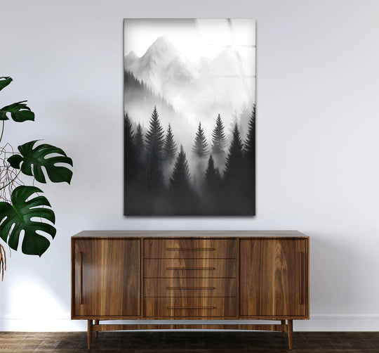Capturing the focal point, this misty mountains black and white glass wall art offers a serene landscape scene with hanging wall art ideal for minimalist decor.