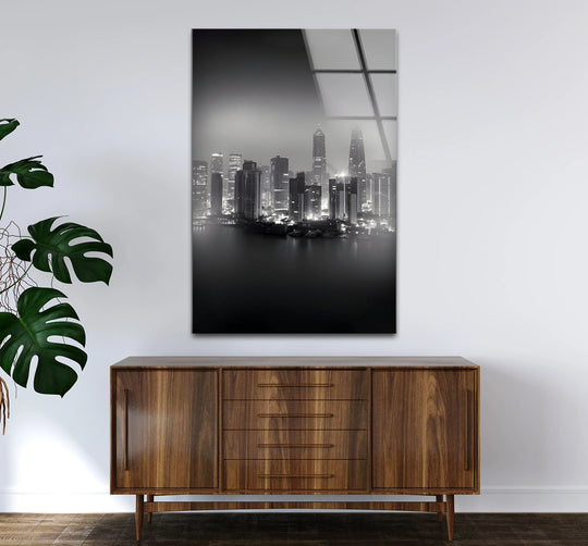 Transitioning from the dark reflections in the water to the glowing Shanghai skyline above, this elegant art from glass captures the contrast of the black and white photograph.