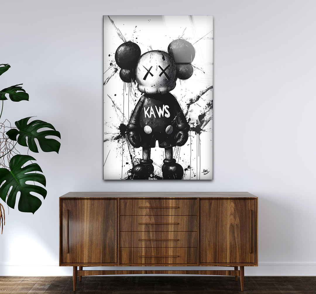 Sophisticated black and white framed art of Mickey x Kaws, blending pop culture with abstract artistry.