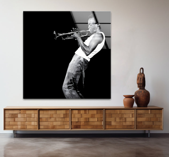 Artistic black and white abstract art depicting the iconic Miles Davis in an expressive composition.
