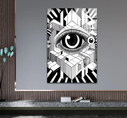 A dynamic, abstract eye design creates a sense of perpetual motion within this captivating art from glass.