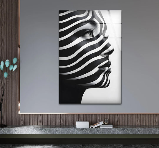 Vertical black and white abstract woman silhouette glass wall art, perfect for home decoration.