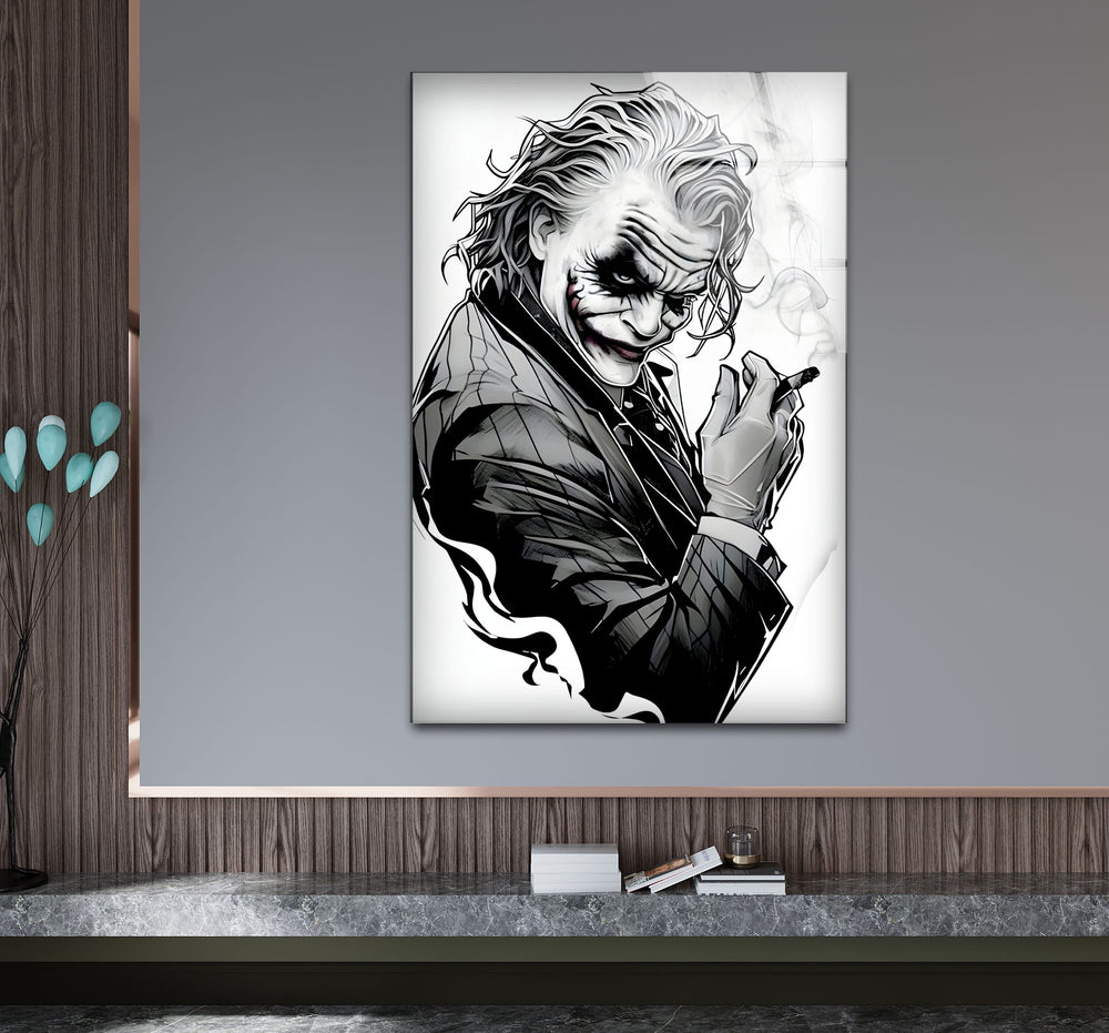 Stylish black and white artwork showcasing the iconic Joker in an abstract composition.