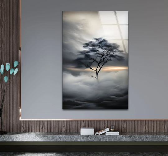 Cool color temperature dominates this lonely tree black and white glass wall art, creating a soothing, ethereal scene with a stunning glass art painting effect.