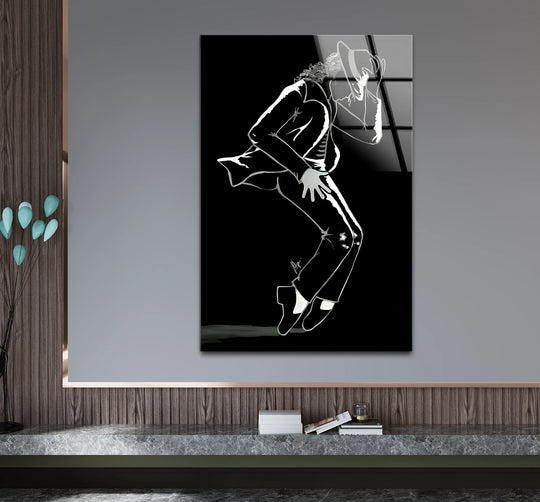 A tall, rectangular glass wall art piece depicts Michael Jackson in a silhouette with sharp lines and angular shapes.