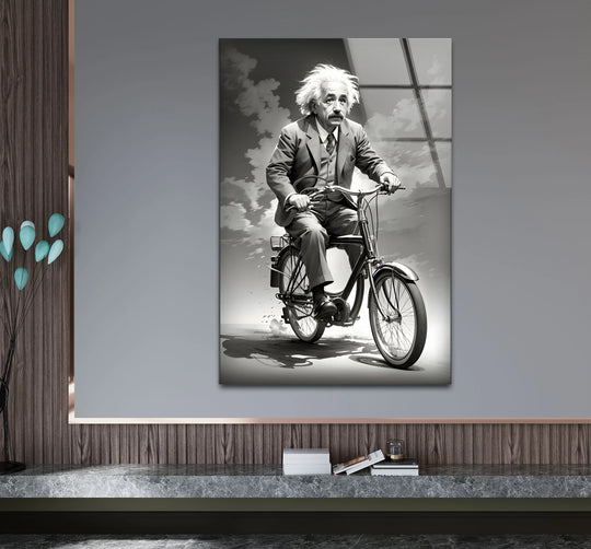 A contemplative Albert Einstein on a bicycle is captured in timeless stillness on this print wall art.