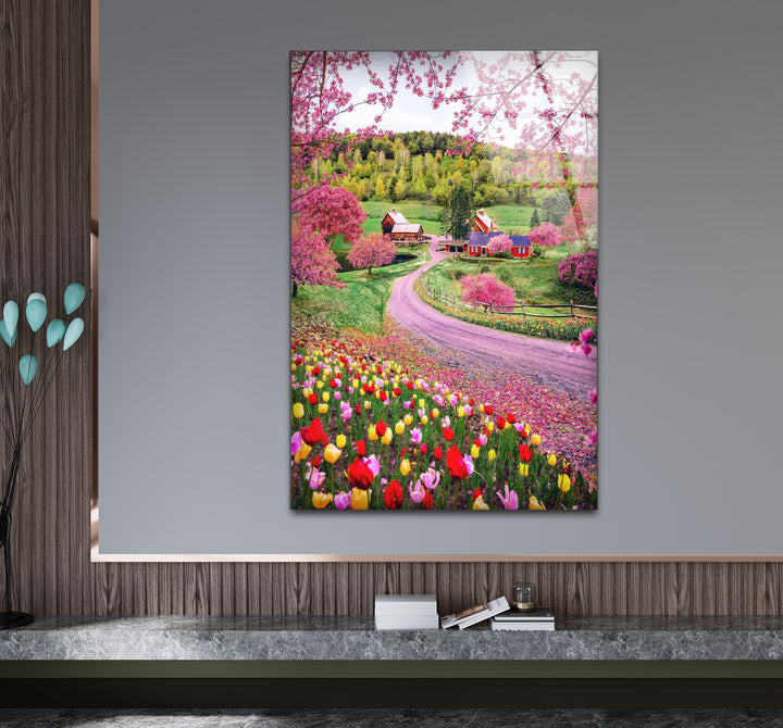 Frühlingswiese Glaswandkunst – Lebendige Blumen &amp; Landstraße