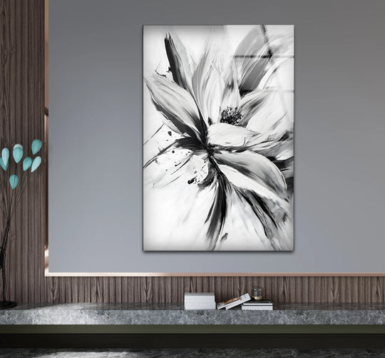 Vertical and rectangular, the black and white abstract floral glass wall artwork creates a striking focal point with its modern and elegant design.