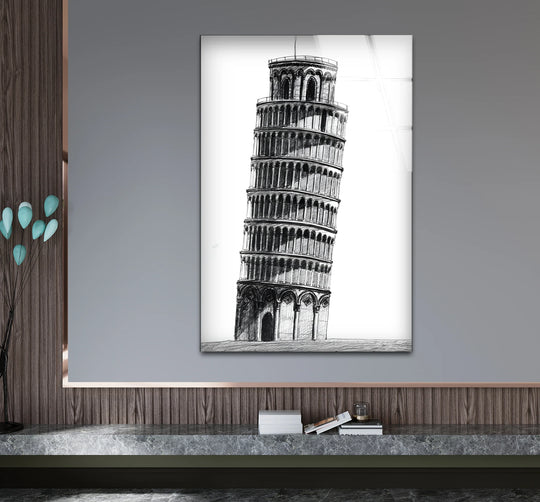 Highlighting the layering effect, this Black & White Pisa Tower drawing showcases striking detail through tempered glass wall art.