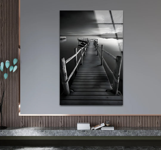 Tempered glass showcases the high-resolution black and white dock landscape, highlighting the print wall art's sharp details and durable material construction.