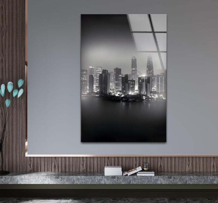 Captivating black and white abstract art highlighting Shanghai's skyline through high-contrast designs.