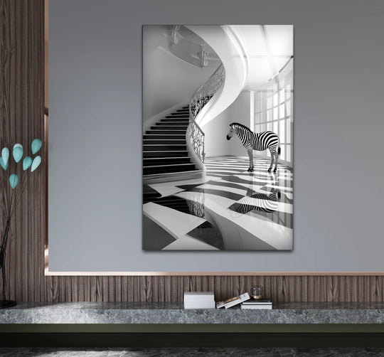 Brightest area highlights a modern zebra print wall art featuring a stunning black and white spiral staircase reflecting on a glossy floor.