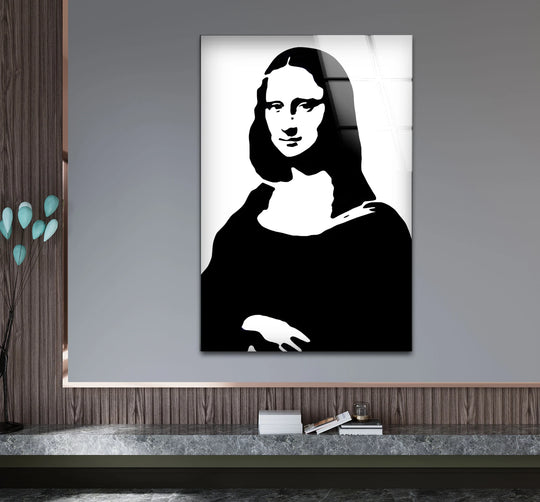 A vertical black and white Mona Lisa glass wall art in a classic portrait orientation.